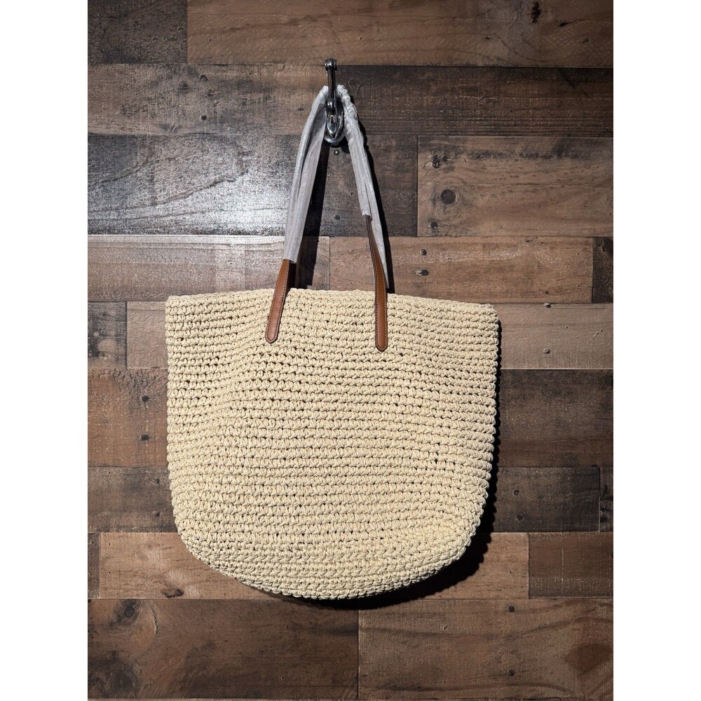 NWT Lauren RALPH LAUREN Crochet-Straw Medium Whitney Tote Natural/Lauren Tan - Picture 13 of 16